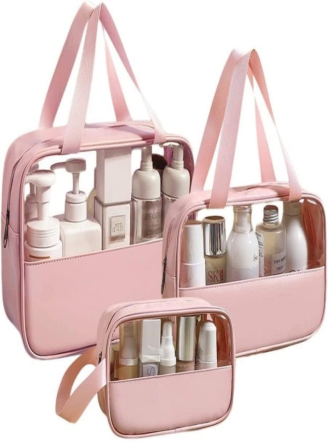 HIMART Set of 3 Multipurpose Transparent Toiletry Hand Bag for Women & Men Travel Pouch Makeup CosmeticTravel Organizer Pouch. (3 pcs Combo, Pink) - Image 1