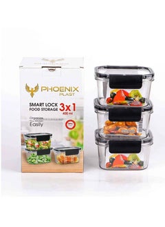 Phoenix Acrylic Refrigerator Food Container,Food box Set of 3 Pieces with Airtight Lock - Clear Silicone Sides 3 * 400ml Black  - Image 1