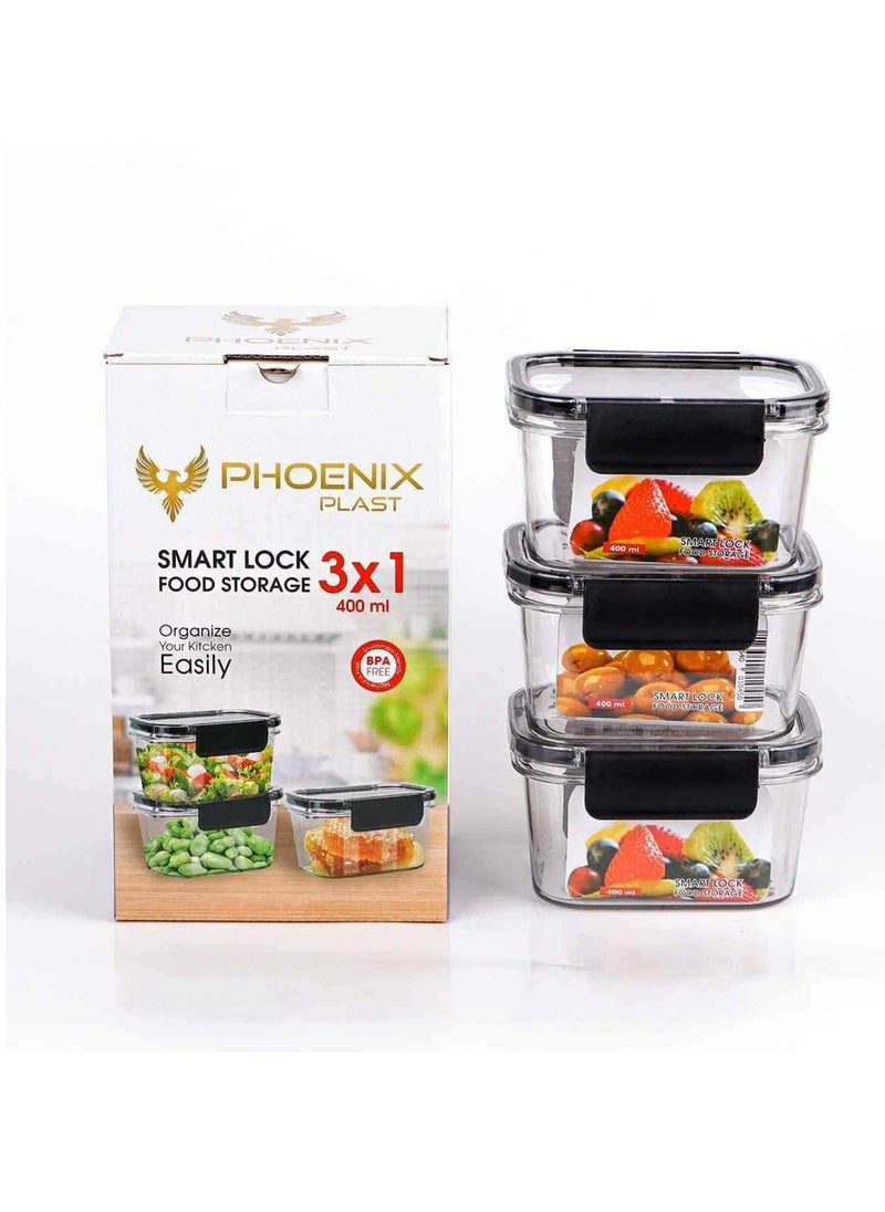 Phoenix Acrylic Refrigerator Food Container,Food box Set of 3 Pieces with Airtight Lock - Clear Silicone Sides 3 * 400ml Black  - Image 1
