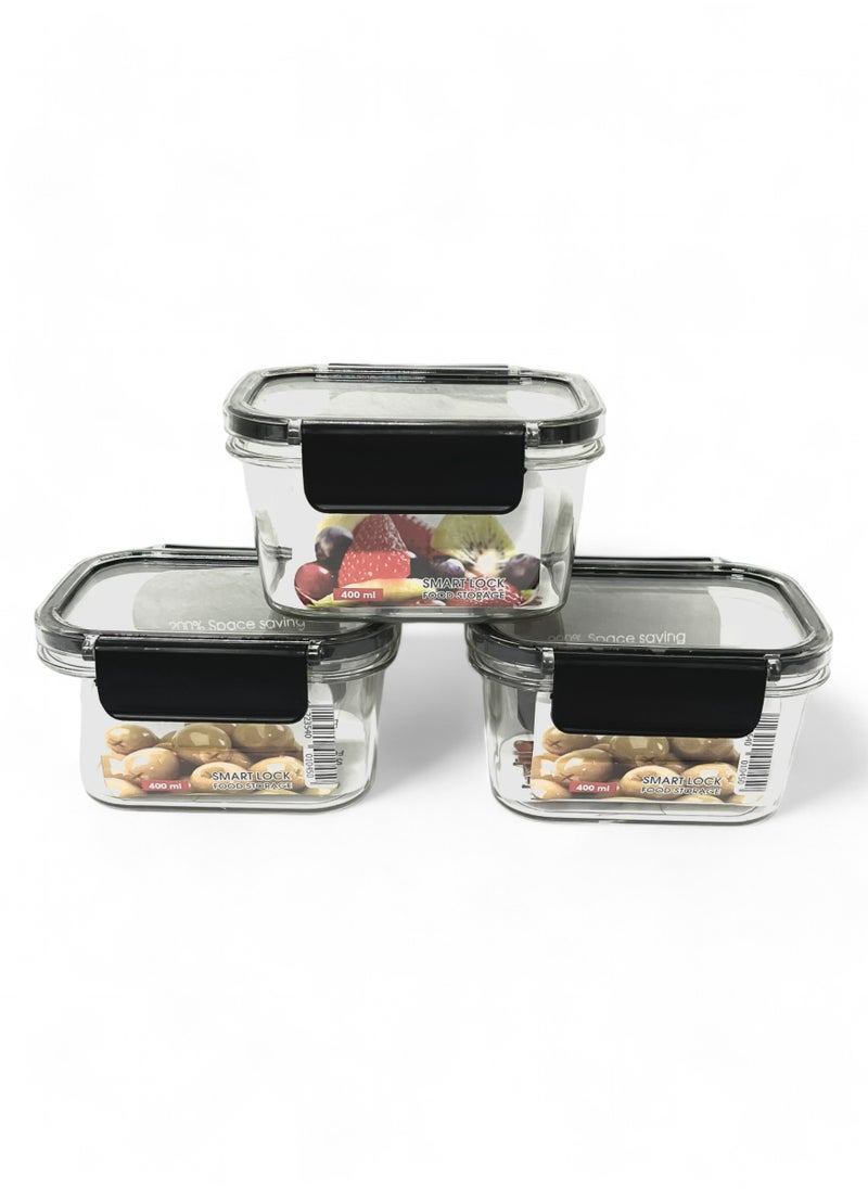 Phoenix - Acrylic Refrigerator Food Container,Food box Set of 3 Pieces with Airtight Lock - Clear Silicone Sides 3 * 400ml Black - Image 1