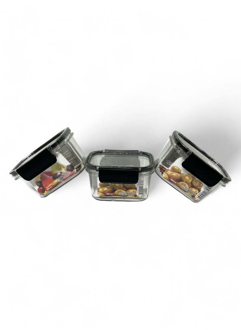 Phoenix - Acrylic Refrigerator Food Container,Food box Set of 3 Pieces with Airtight Lock - Clear Silicone Sides 3 * 400ml Black - Image 1