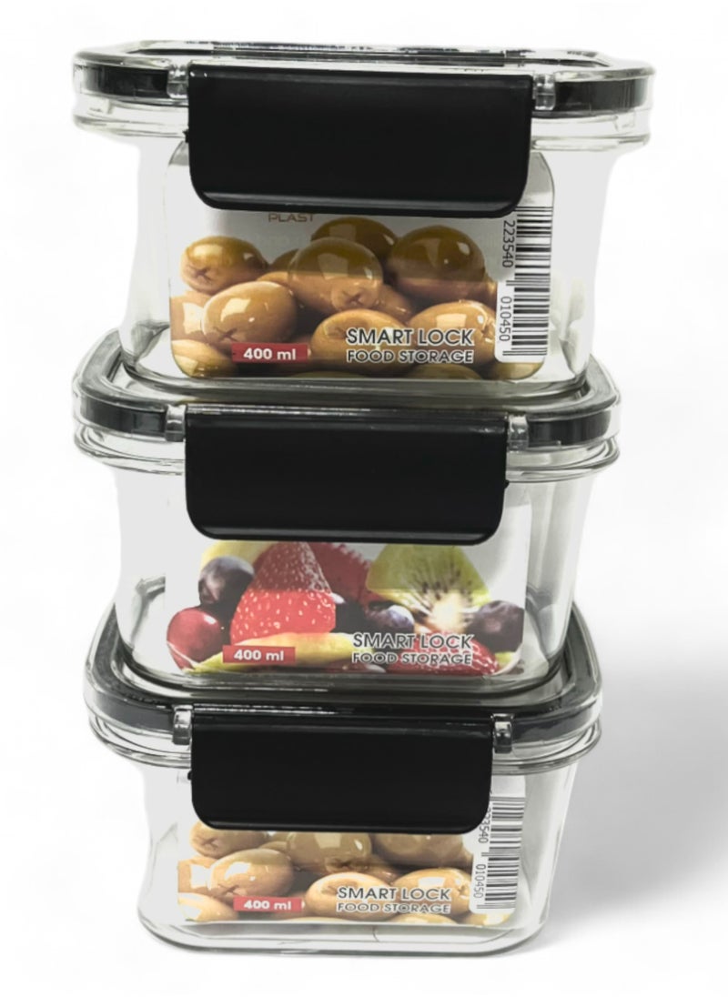 Phoenix - Acrylic Refrigerator Food Container,Food box Set of 3 Pieces with Airtight Lock - Clear Silicone Sides 3 * 400ml Black - Image 1