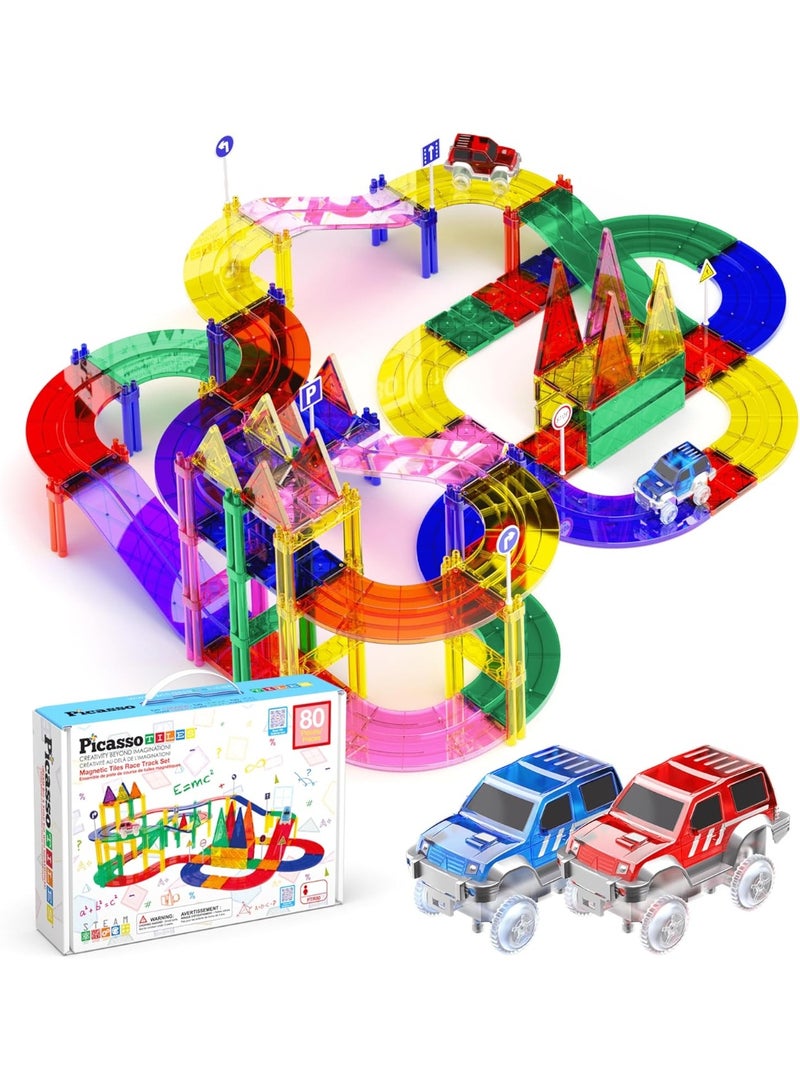 PicassoTiles بيكاسو تايلز بلاط مغناطيسي حلبة سباق 80 قطعة | ألعاب STEM | مجموعة ألعاب تعليمية | كتل تكديس | تعزز مهارات حل المشكلات والمهارات الحركية الدقيقة | تحسن التنسيق والإبداع | هدية للأطفال والرضع | مجموعة بناء لتطوير عقل الطفل - Image 1