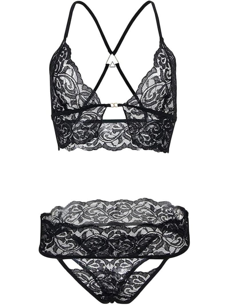 RioDebella Beera Floral Lace Lingerie Set with Eye Mask and Cuffs, 4 Piece, Black - Image 2