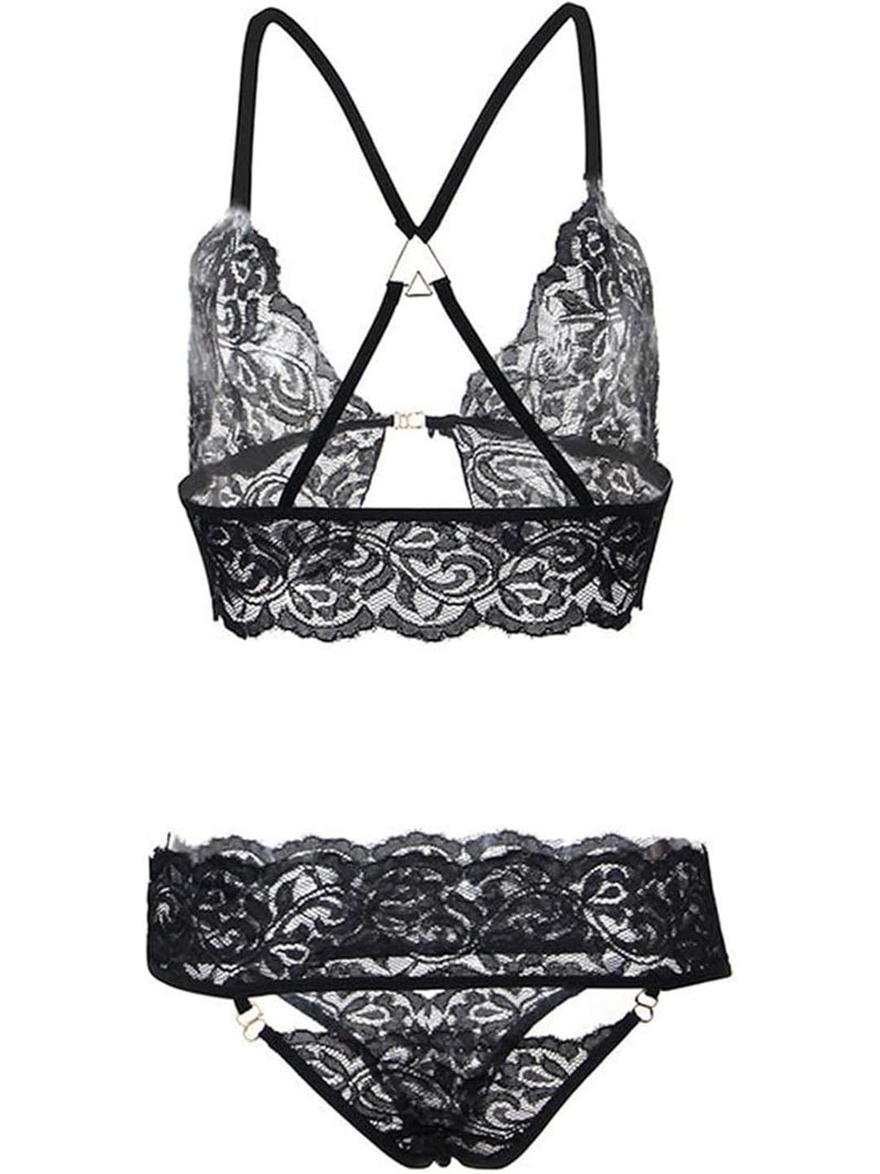 RioDebella Beera Floral Lace Lingerie Set with Eye Mask and Cuffs, 4 Piece, Black - Image 4