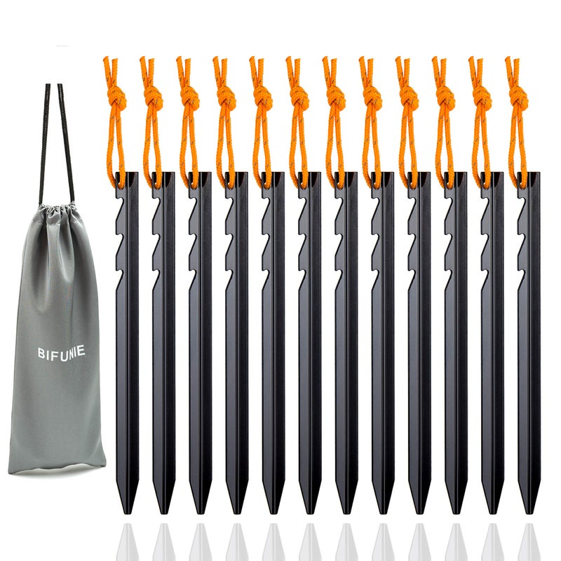 BIFUNIE Aluminum Alloy Tent Stakes Pegs, 12-Pack Aluminum Ground Pegs with Reflective Pull Ropes, Lightweight Metal Stakes Pegs for Camping Tents Hammocks (Black) - Image 1
