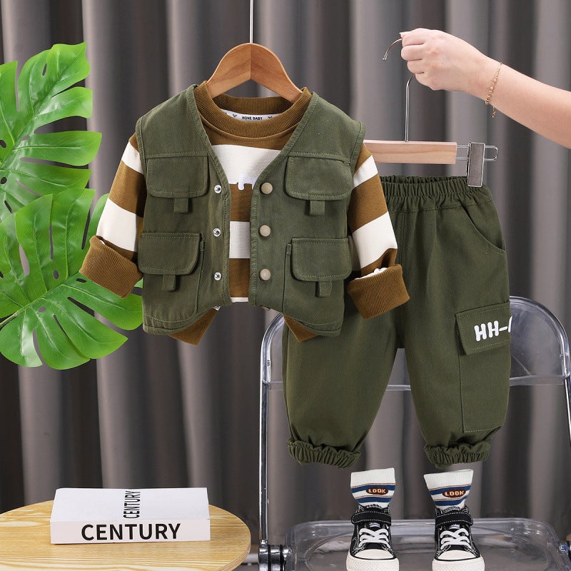 2025 New Baby Boy Vest Suit Spring and Autumn Handsome Childrens Striped Sweater Baby Autumn Three-Piece Suit Deep red - Image 2