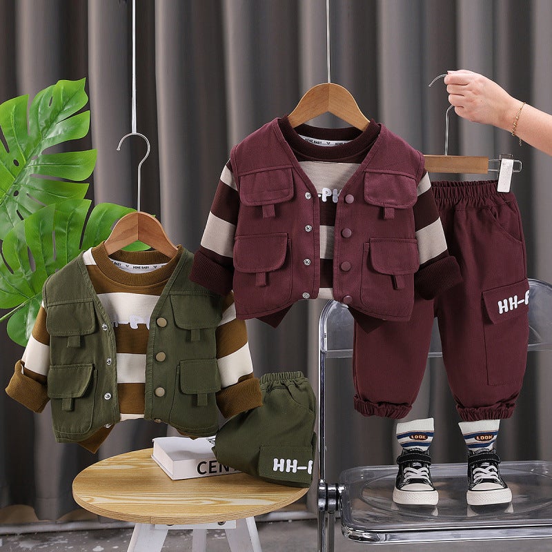 2025 New Baby Boy Vest Suit Spring and Autumn Handsome Childrens Striped Sweater Baby Autumn Three-Piece Suit Deep red - Image 3