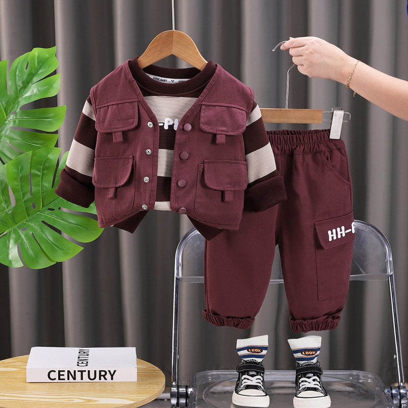2025 New Baby Boy Vest Suit Spring and Autumn Handsome Childrens Striped Sweater Baby Autumn Three-Piece Suit Deep red - Image 5