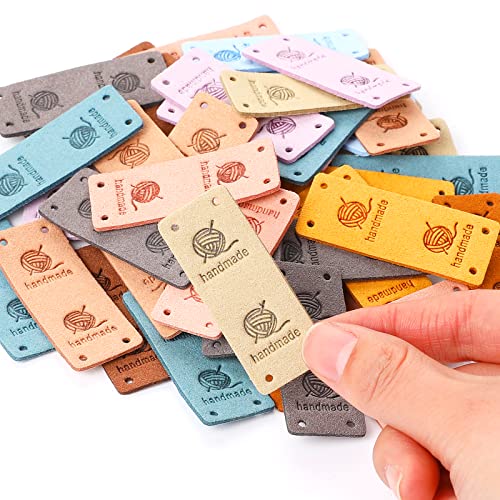 Sliverdew 50 Pcs Leather Handmade Labels,PU Leather Tags for Crochet Accessories Folding Handmade Tags Knit Accessories with Holes Embossed Tag Embellishment Knit DIY Apparel Accessories for Jeans Bag Shoes Hat - Image 3