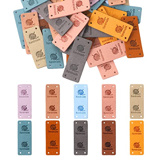 Sliverdew 50 Pcs Leather Handmade Labels,PU Leather Tags for Crochet Accessories Folding Handmade Tags Knit Accessories with Holes Embossed Tag Embellishment Knit DIY Apparel Accessories for Jeans Bag Shoes Hat - Image 1