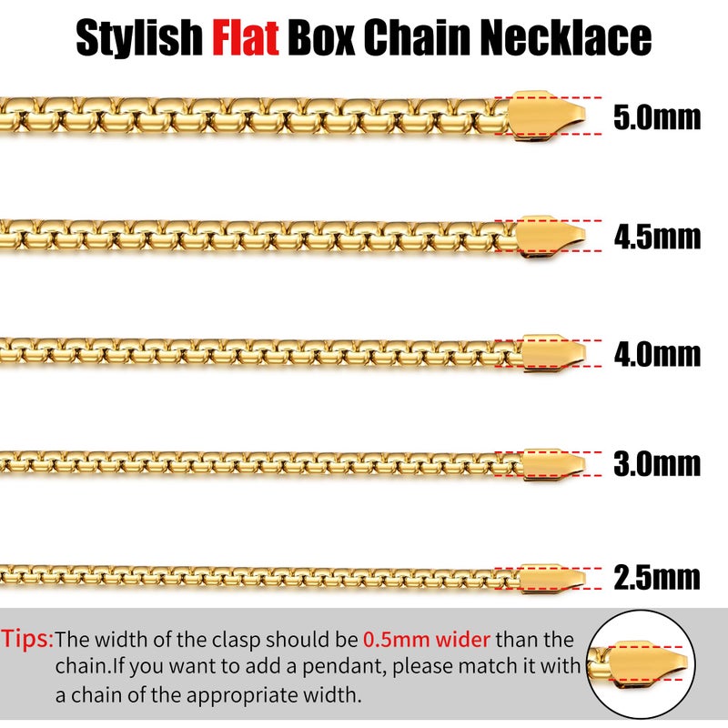 Fiusem Flat Box Chains for Men, 3mm 14K Gold Plated Stainless Steel Chain Necklace, Necklaces for Men and Women 20 Inch - Image 2