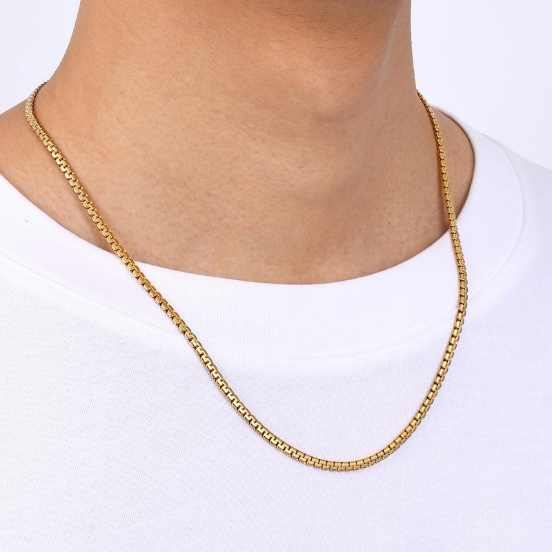 Fiusem Flat Box Chains for Men, 3mm 14K Gold Plated Stainless Steel Chain Necklace, Necklaces for Men and Women 20 Inch - Image 4