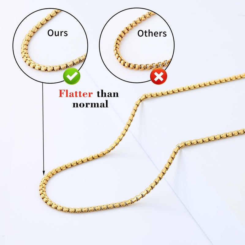 Fiusem Flat Box Chains for Men, 3mm 14K Gold Plated Stainless Steel Chain Necklace, Necklaces for Men and Women 20 Inch - Image 5