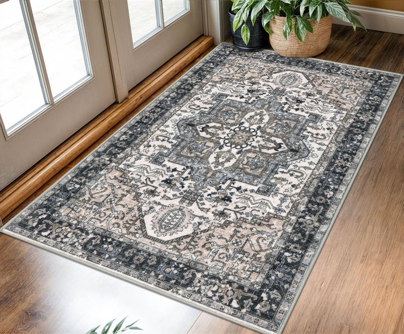 KOZYFLY Boho Area Rug 3x5 Ft Rugs for Entryway Washable Entry Rug Non Slip Door Mat Indoor Entrance Printed Faux Wool Throw Rugs for Entrance Kitchen Living Room, Black/Taupe/Beige - Image 1