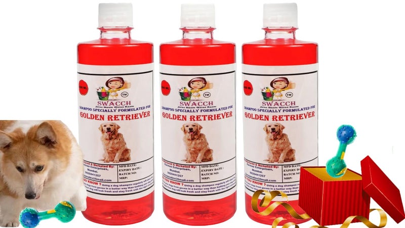 swacch Golden Retriever Dog Shampoo + Dumbbell Toy I Durable Rubber Dog Toy for Chewing I Playing,Teeth Cleaning & Training Toy I Combo Pack I 500ml Pack of 3 Strawberry - Image 1