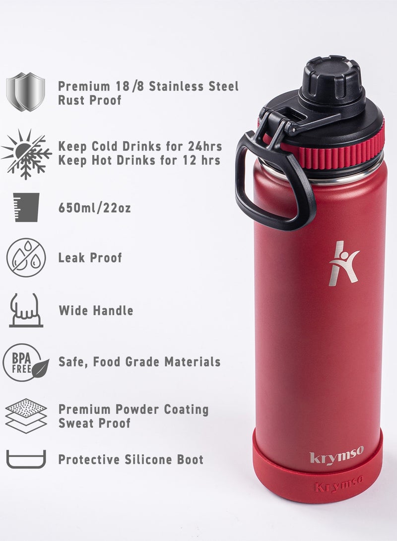 KRYMSO 650ml Stainless Steel Water Bottle, Sports Bottle with Straw, Double Wall Insulated Water Bottle, Thermos Flask, Water Bottle for kids, Gym - Image 2