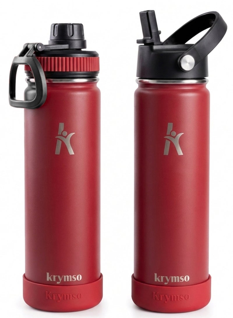 KRYMSO 650ml Stainless Steel Water Bottle, Sports Bottle with Straw, Double Wall Insulated Water Bottle, Thermos Flask, Water Bottle for kids, Gym - Image 1