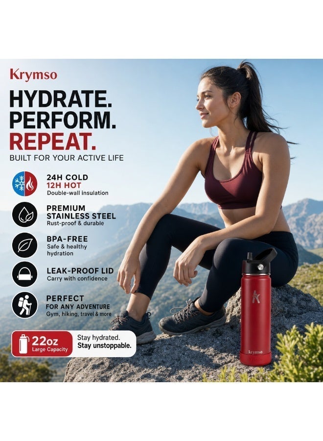 KRYMSO 650ml Stainless Steel Water Bottle, Sports Bottle with Straw, Double Wall Insulated Water Bottle, Thermos Flask, Water Bottle for kids, Gym - Image 2