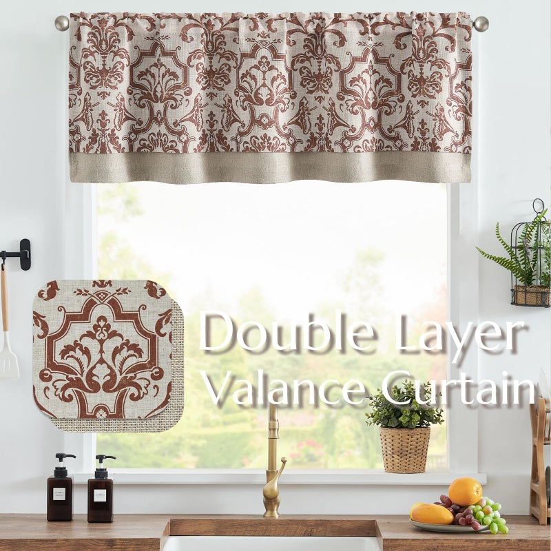 jinchan jinchan Linen Valance Curtain for Kitchen Vintage Damask Floral Blackout Valance Double Layer Small Window Curtain for Living Room Bedroom Bathroom 18 Inch Rod Pocket 1 Panel Terracotta on Beige  - Image 2