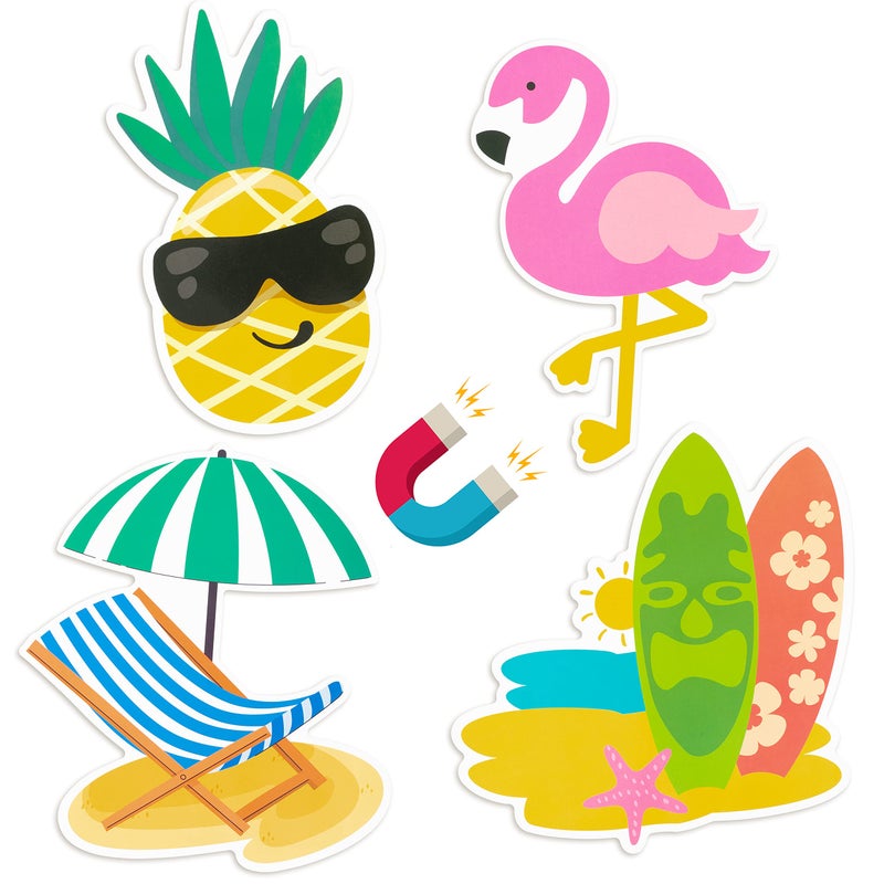 JAPBOR 4pcs Cruise Door Magnets Decorations Magnetic Refrigerator Car Cabin Ship Magnet Tropical Beach Summer Hawaii Decal Flamingo Pineapple Surfboard Fridge Sticker for Home Kitchen Cabinet Decor