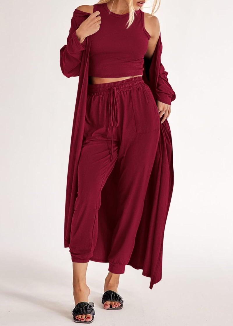 KIRUNDO 3 Piece Lounge Sets for Women Airport Travel Vacation Outfits Spring Cardigan Matching Sleeveless Top Jogger Pants(Wine Red, Large) - Image 3