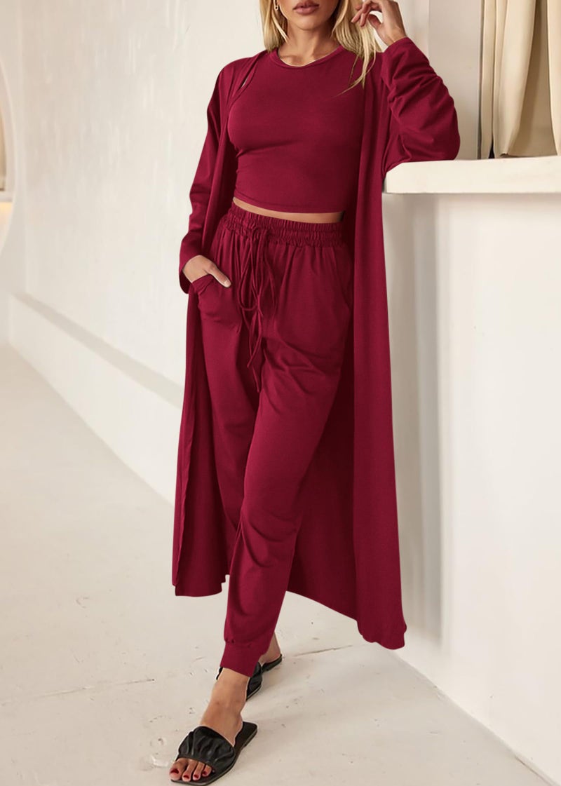 KIRUNDO 3 Piece Lounge Sets for Women Airport Travel Vacation Outfits Spring Cardigan Matching Sleeveless Top Jogger Pants(Wine Red, Large) - Image 4