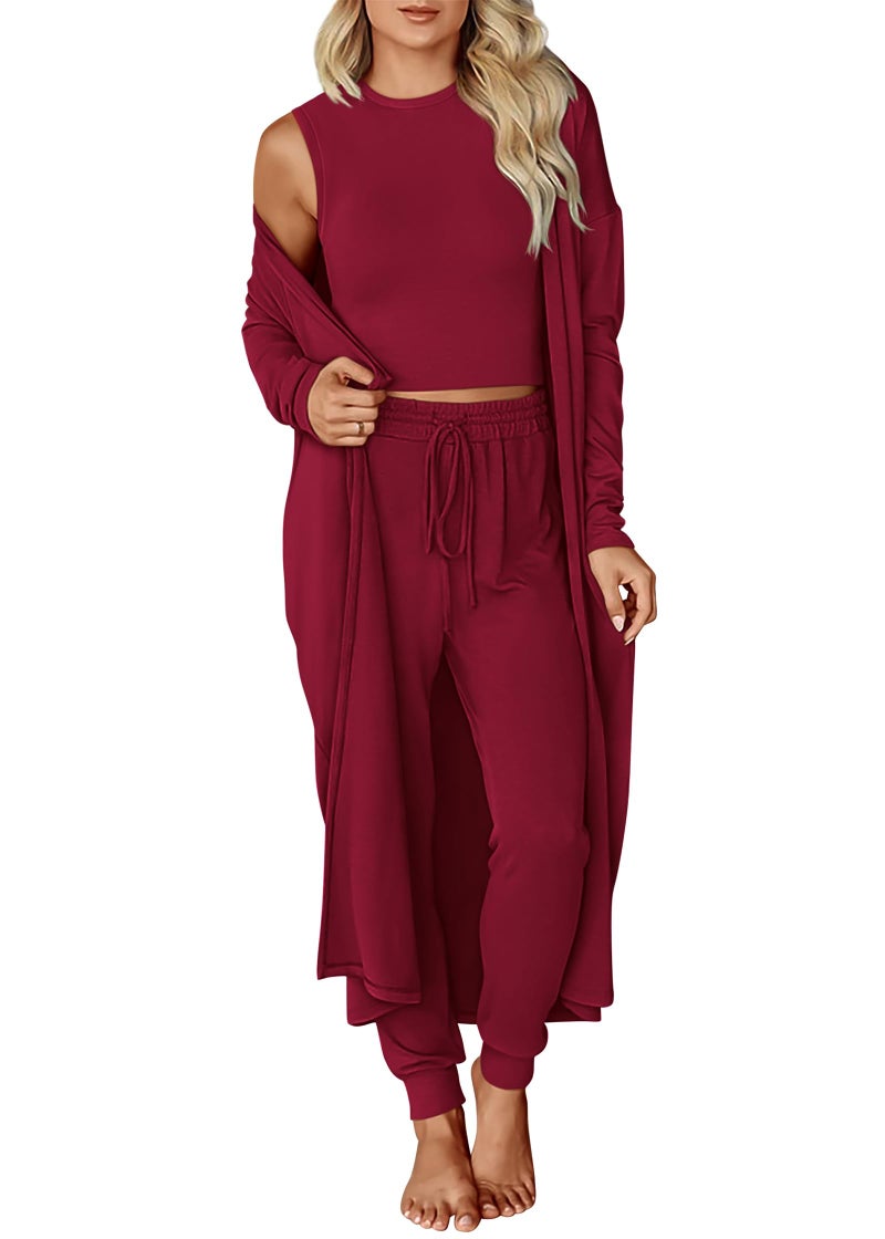 KIRUNDO 3 Piece Lounge Sets for Women Airport Travel Vacation Outfits Spring Cardigan Matching Sleeveless Top Jogger Pants(Wine Red, Large) - Image 1