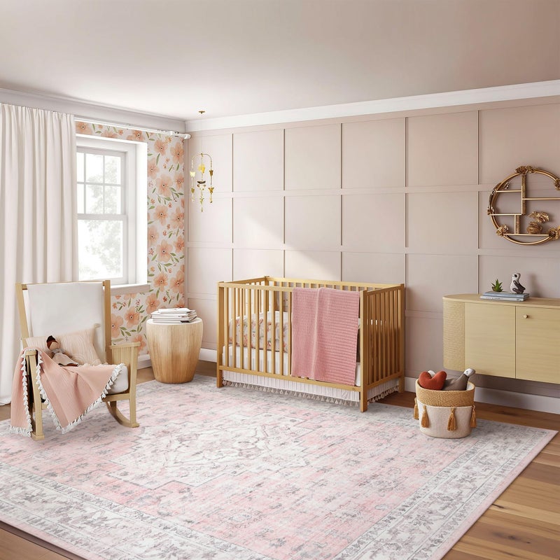 LIVEBOX Pink 8x10 Area Rug for Bedroom Girls, Boho Washable Rugs for Living Room Nursery, Non-Slip Indoor Soft Carpet Low-Pile Farmhouse Carpets for Dining Room Kids Playroom, Pink - Image 2