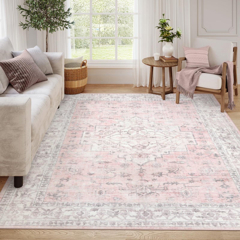LIVEBOX Pink 8x10 Area Rug for Bedroom Girls, Boho Washable Rugs for Living Room Nursery, Non-Slip Indoor Soft Carpet Low-Pile Farmhouse Carpets for Dining Room Kids Playroom, Pink - Image 1