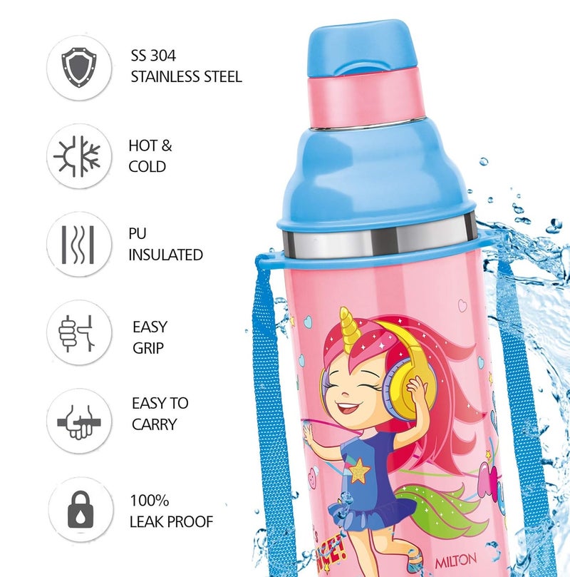 Milton 380ml Stainless Steel Water Bottle with Sipper for Kids – PU Insulated to Keep Drinks Hot or Cold for Hours, Leakproof, Food-Grade Sipper Bottle for School, Travel & Picnic, Kool Stunner, Pink - Image 2