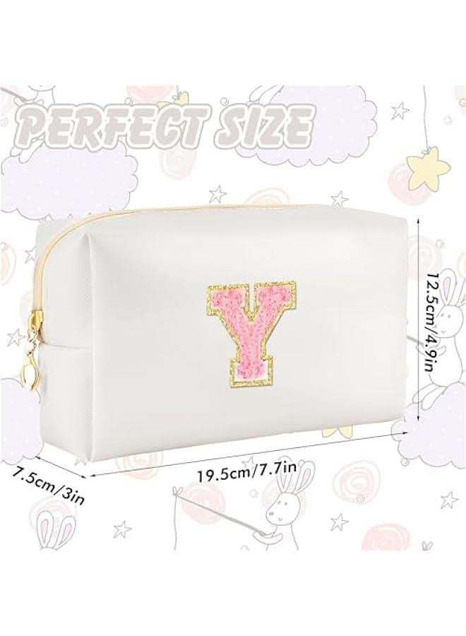 Initial Makeup Bag Personalized Preppy Travel Small Cosmetic Bag Cute PU White Chenille Letter Makeup Pouch for Purse Waterproof Zippered Toiletry Organizer for Women Girls Kids Friends (Y) - Image 4