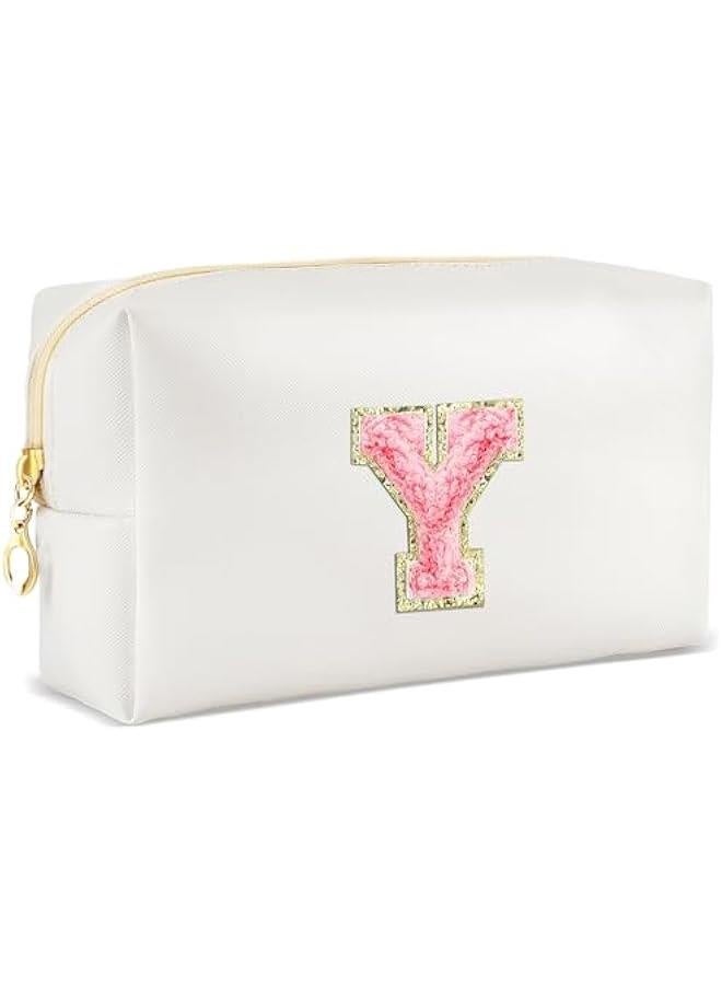 Initial Makeup Bag Personalized Preppy Travel Small Cosmetic Bag Cute PU White Chenille Letter Makeup Pouch for Purse Waterproof Zippered Toiletry Organizer for Women Girls Kids Friends (Y) - Image 1