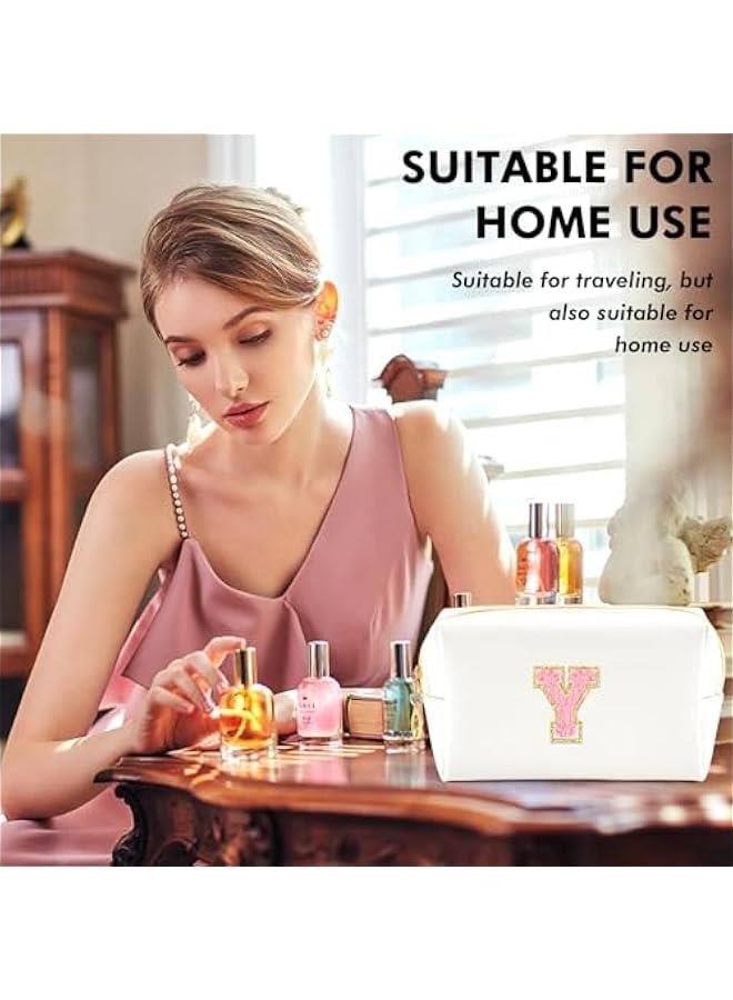 Initial Makeup Bag Personalized Preppy Travel Small Cosmetic Bag Cute PU White Chenille Letter Makeup Pouch for Purse Waterproof Zippered Toiletry Organizer for Women Girls Kids Friends (Y) - Image 2