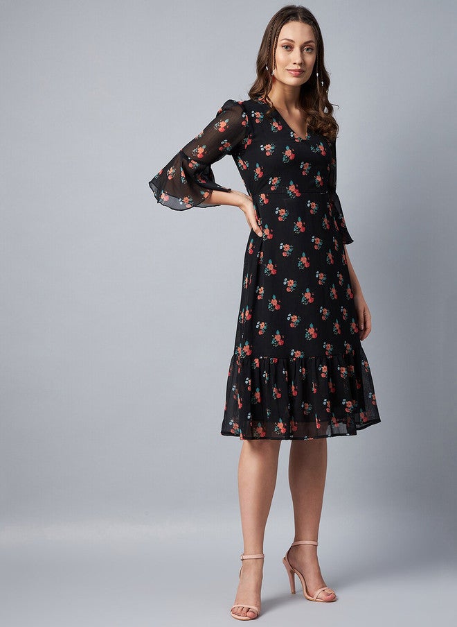 StyleStone Black Floral Chiffon Midi Dress with Bell Sleeves - Image 3