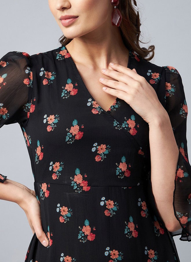 StyleStone Black Floral Chiffon Midi Dress with Bell Sleeves - Image 2