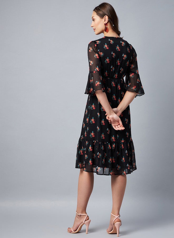 StyleStone Black Floral Chiffon Midi Dress with Bell Sleeves - Image 5