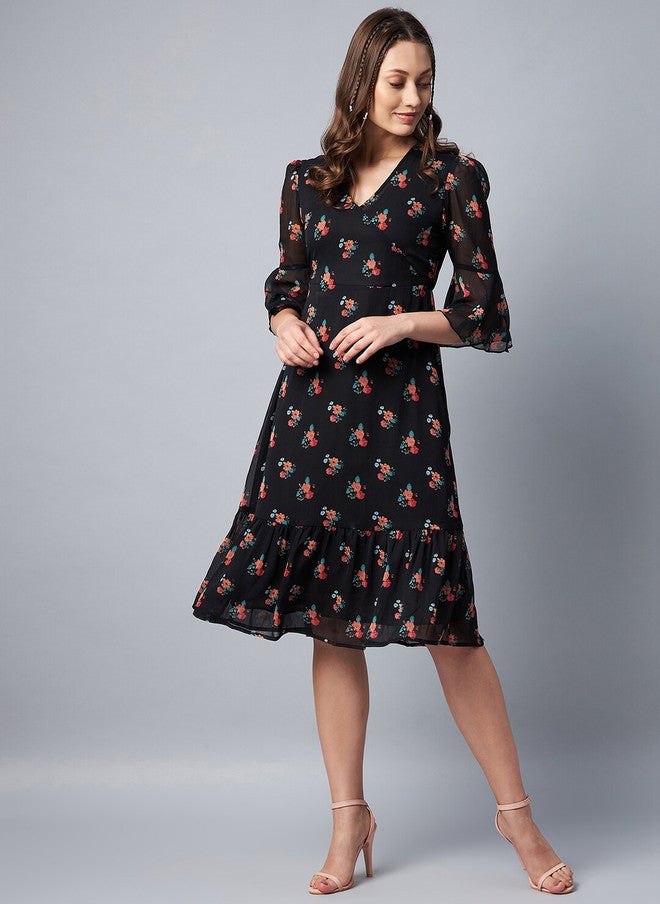 StyleStone Black Floral Chiffon Midi Dress with Bell Sleeves - Image 4