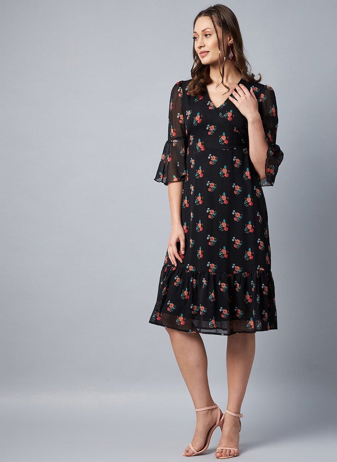 StyleStone Black Floral Chiffon Midi Dress with Bell Sleeves - Image 1