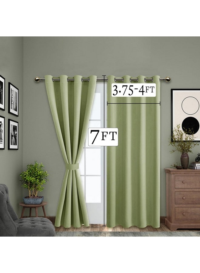 ThinkArtDecor 100% Blackout Door Curtains 7 Feet Long Set of 2 with Tie Backs, Triple Weave Parda 7 Feet, Grommet Design for Urban Home Decor, Bedroom Darkening, Office (7x4 Feet, Olive Mint) - Image 2