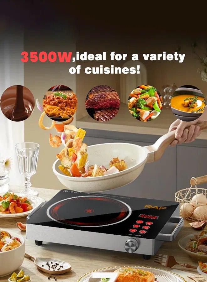 Portable Infrared Cooker,3500W Electric Burner with 10 Adjustable Temperature Levels and Handles,Multiple Preset Functions,Touch Control & Knob Control, Timer,Works with All Cookware, R.8045