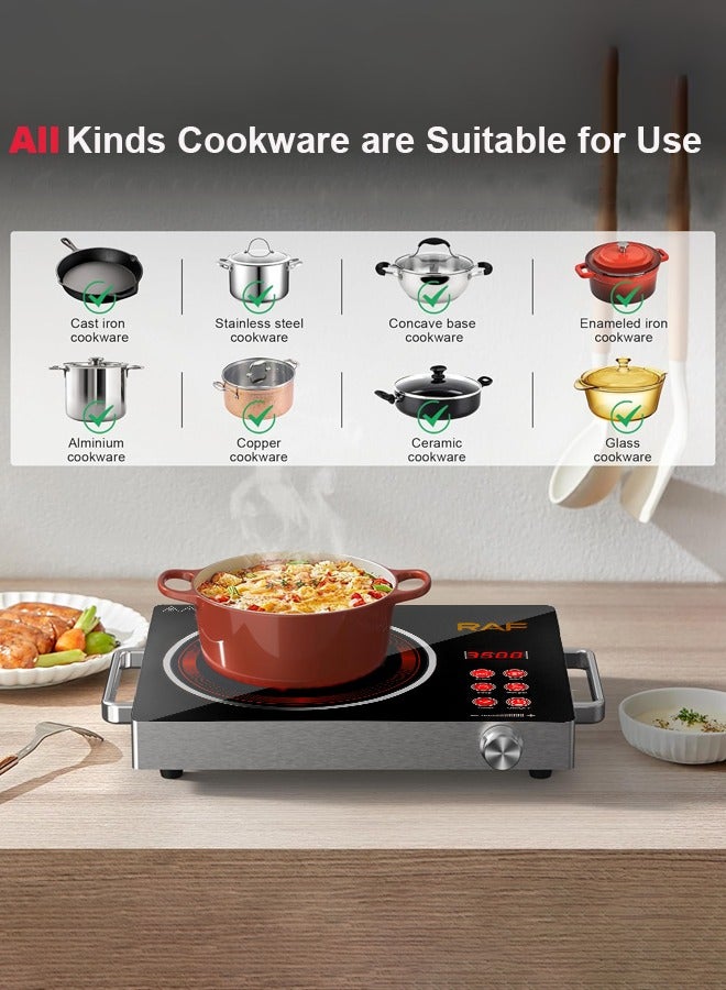 Portable Infrared Cooker,3500W Electric Burner with 10 Adjustable Temperature Levels and Handles,Multiple Preset Functions,Touch Control & Knob Control, Timer,Works with All Cookware, R.8045
