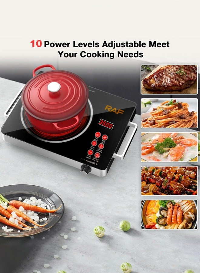 Portable Infrared Cooker,3500W Electric Burner with 10 Adjustable Temperature Levels and Handles,Multiple Preset Functions,Touch Control & Knob Control, Timer,Works with All Cookware, R.8045