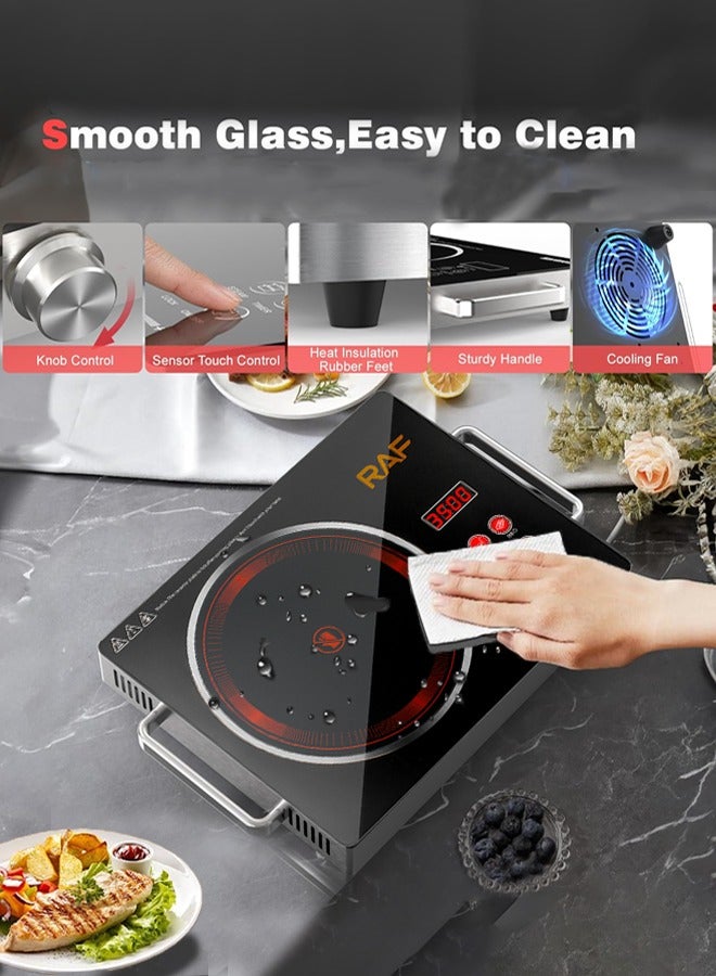 Portable Infrared Cooker,3500W Electric Burner with 10 Adjustable Temperature Levels and Handles,Multiple Preset Functions,Touch Control & Knob Control, Timer,Works with All Cookware, R.8045