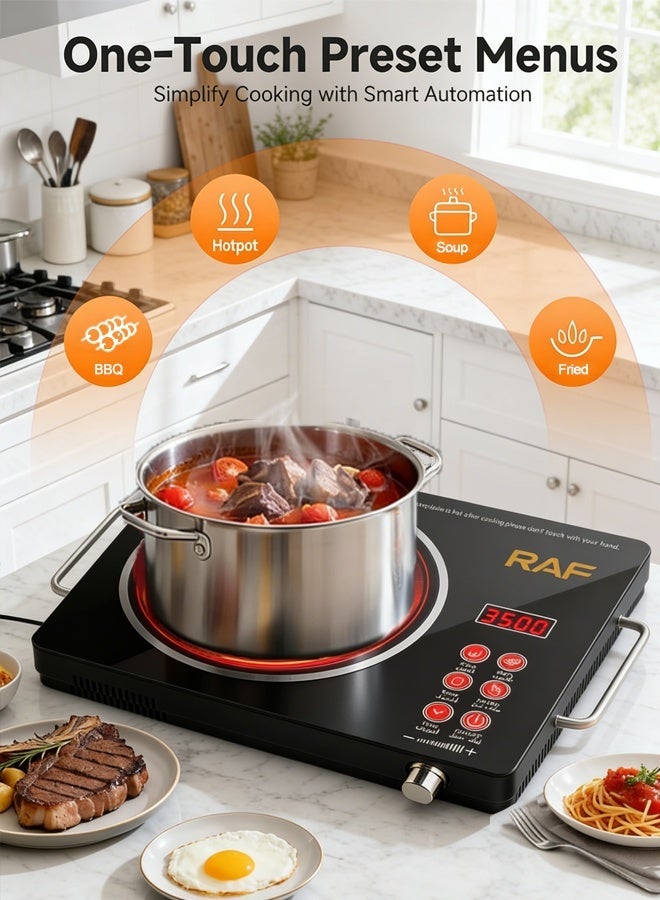 طباخ الأشعة تحت الحمراء المحمولة ، 3500 واط موقد كهربائي واحد الموقد مع 10 مستويات درجة حرارة قابلة للتعديل ومؤقت ، برامج متعددة مسبقا ، التحكم باللمس والتحكم في المقبض ، يعمل مع جميع تجهيزات المطابخ ، ر. 8045