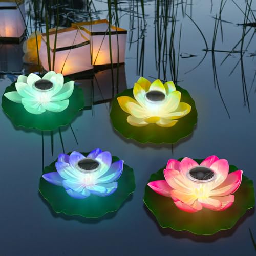 VIHOSE 4 Pcs 11 Inch Solar Floating Lotus Light Waterproof Pond Lotus Lamp Lily Flower Pool Floating Light Decoration for Garden Pond Outdoor Swimming Pool Diwali - Image 1