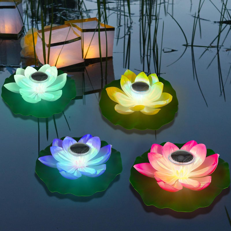 VIHOSE 4 Pcs 11 Inch Solar Floating Lotus Light Waterproof Pond Lotus Lamp Lily Flower Pool Floating Light Decoration for Garden Pond Outdoor Swimming Pool Diwali - Image 2