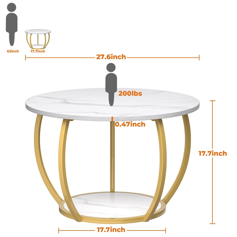 GreenForest Round Coffee Table with 2-Tier Open Storage, 27.6 inch Small Circle Coffee Tables with Adjustable Feet, Modern Mini Center Table for Small Living Room, White and Gold - Image 2
