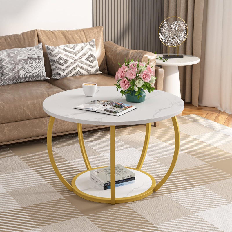 GreenForest Round Coffee Table with 2-Tier Open Storage, 27.6 inch Small Circle Coffee Tables with Adjustable Feet, Modern Mini Center Table for Small Living Room, White and Gold - Image 1