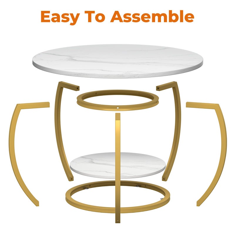 GreenForest Round Coffee Table with 2-Tier Open Storage, 27.6 inch Small Circle Coffee Tables with Adjustable Feet, Modern Mini Center Table for Small Living Room, White and Gold - Image 3